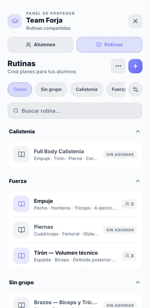 Biblioteca de rutinas del profe, agrupadas por objetivo y con la cantidad de alumnos de cada una
