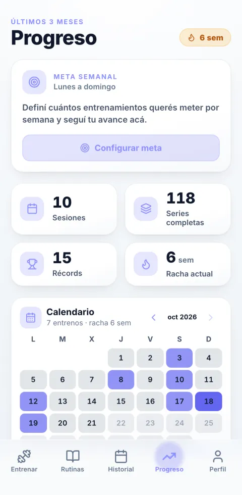 Pantalla de Progreso de Forja con la meta semanal, las sesiones, las series completas, los récords, la racha en semanas y el calendario del mes